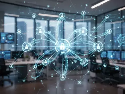 Ein abstraktes Netzwerk aus leuchtenden digitalen Knoten und Datenströmen, das Effizienz und Prozessoptimierung darstellt. - Foto: über boerse-global.de