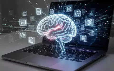 Leuchtende KI-Gehirnschnittstelle auf MacBook Pro-Tastatur, digitale Symbole und Datenströme für Dateisortierung und Automatisierung. - Foto: über boerse-global.de