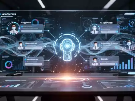 Moderne digitale Arbeitsplatzoberfläche mit holografischen Elementen, KI-Agenten und Datenströmen. - Foto: über boerse-global.de