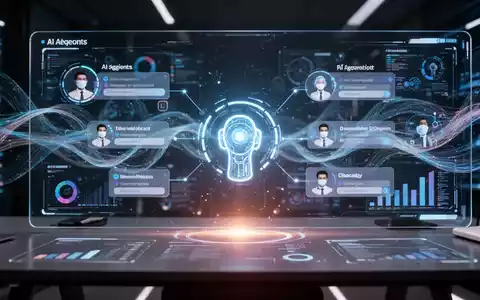 Moderne digitale Arbeitsplatzoberfläche mit holografischen Elementen, KI-Agenten und Datenströmen. - Foto: über boerse-global.de