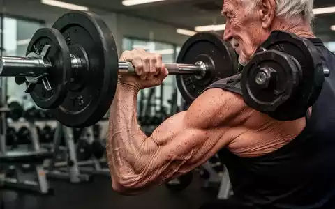 Ältere Person beim Krafttraining im Fitnessstudio, die einen Hantel hebt, symbolisiert Muskelaufbau und -erhalt im Alter. - Foto: über boerse-global.de