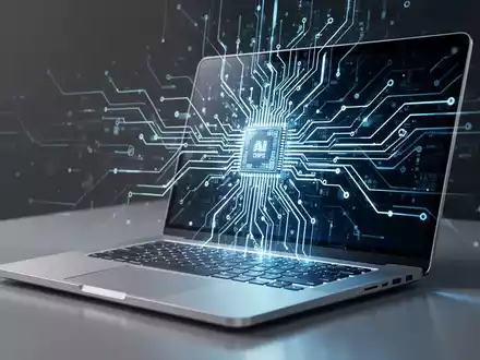 Schlankes, futuristisches silbernes Laptop mit leuchtender Tastatur und schaltkreisartigem Design, das fortschrittliche KI-Chips und Next-Gen-Technologie symbolisiert. - Foto: über boerse-global.de