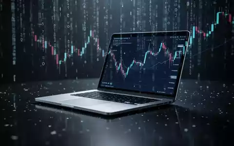 Ein modernes Laptop auf einer dunklen Oberfläche mit fallenden digitalen Datenströmen, die einen Marktrückgang andeuten. - Foto: über boerse-global.de