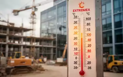 Ein Thermometer zeigt extreme Hitze an, im unscharfen Hintergrund sind Bauarbeiter in der prallen Sonne zu sehen. - Foto: über boerse-global.de