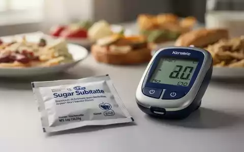 Ein Süßstoffpäckchen liegt neben einem Blutzuckermessgerät, das eine erhöhte Glukoseanzeige zeigt, mit unscharfen Lebensmitteln im Hintergrund. - Foto: über boerse-global.de