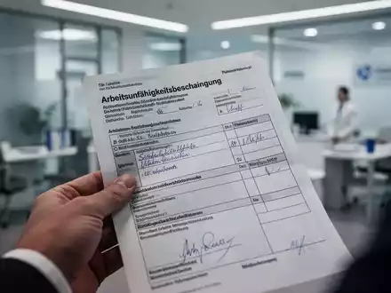 Nahaufnahme einer Hand, die eine deutsche Krankschreibung hält, mit verschwommenem Hintergrund eines Büros oder einer Klinik. - Foto: über boerse-global.de
