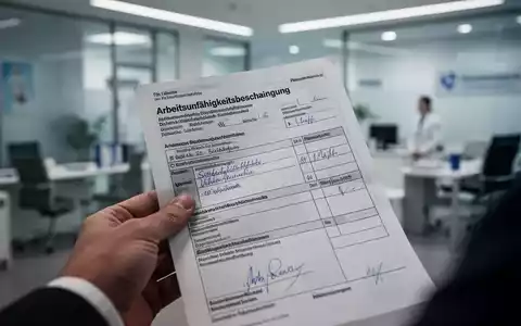 Nahaufnahme einer Hand, die eine deutsche Krankschreibung hält, mit verschwommenem Hintergrund eines Büros oder einer Klinik. - Foto: über boerse-global.de