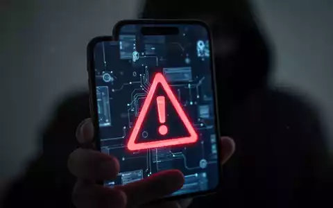 Nahaufnahme eines Smartphones mit Warnsymbol auf dem Bildschirm, im Hintergrund eine verschwommene, schattenhafte Person, die das Telefon hält. - Foto: über boerse-global.de