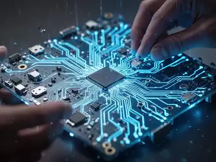 Eine menschliche Hand interagiert mit einer leuchtend blauen Platine, die das Deaktivieren von KI-Funktionen in Windows 11 symbolisiert. - Foto: über boerse-global.de