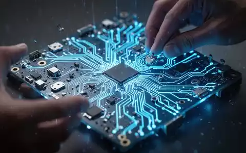 Eine menschliche Hand interagiert mit einer leuchtend blauen Platine, die das Deaktivieren von KI-Funktionen in Windows 11 symbolisiert. - Foto: über boerse-global.de