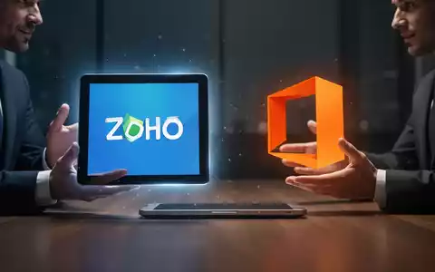 Tablet-Bildschirm mit 'Zoho'- und 'Microsoft Office'-Logos, symbolisiert Wettbewerbsverhandlungen bei Softwarelizenzen. - Foto: über boerse-global.de