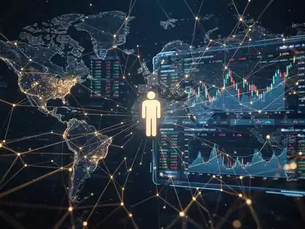 Stilisierte digitale Netzstruktur aus Linien und Knoten, die globale Finanzmärkte darstellt, mit einer prominenten Datenschnittstelle. - Foto: über boerse-global.de