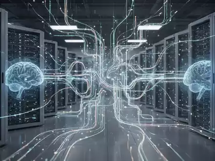 Abstrakte Darstellung von Datenflüssen und Server-Infrastruktur, die Investitionen in kognitive KI-Systeme und Rechenzentren symbolisiert. - Foto: über boerse-global.de