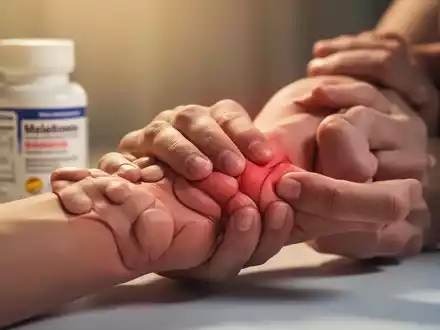 Eine Person hält ihr schmerzendes Handgelenk, im unscharfen Hintergrund ist ein Melatonin-Pillenfläschchen zu sehen. - Foto: über boerse-global.de