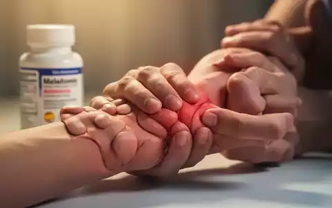Eine Person hält ihr schmerzendes Handgelenk, im unscharfen Hintergrund ist ein Melatonin-Pillenfläschchen zu sehen. - Foto: über boerse-global.de