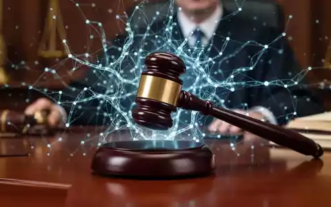 Richterhammer trifft auf Schallblock, im Hintergrund ein subtiles, leuchtendes neuronales Netzwerk-Muster, das KI im Recht symbolisiert. - Foto: ĂŒber boerse-global.de