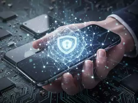 Eine Hand hält ein Smartphone mit leuchtender, abstrakter digitaler Netzüberlagerung, die quantenresistente Mobiltechnologie symbolisiert. - Foto: über boerse-global.de