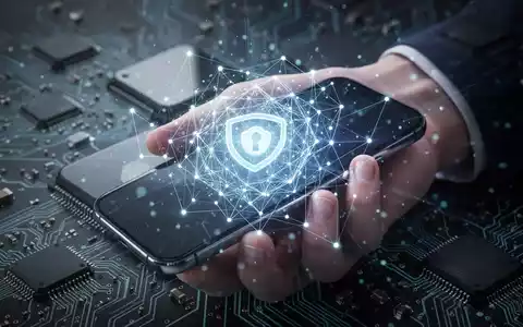 Eine Hand hält ein Smartphone mit leuchtender, abstrakter digitaler Netzüberlagerung, die quantenresistente Mobiltechnologie symbolisiert. - Foto: über boerse-global.de