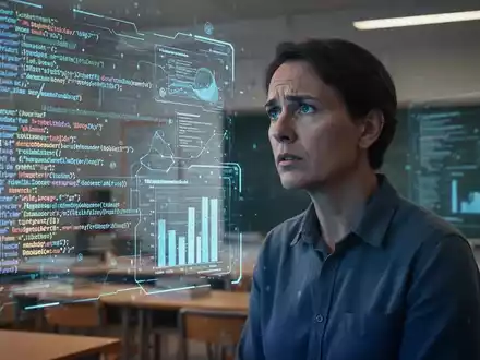 Ein nachdenklicher deutscher Lehrer blickt auf eine holografische Projektion von KI-Code in einem modernen Klassenzimmer. - Foto: über boerse-global.de