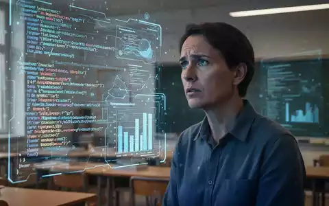 Ein nachdenklicher deutscher Lehrer blickt auf eine holografische Projektion von KI-Code in einem modernen Klassenzimmer. - Foto: über boerse-global.de