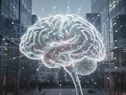 Ein abstraktes, leuchtendes neuronales Netzwerk, das sich mit Unternehmensarchitektur verbindet und KI-Produktivität symbolisiert. - Foto: über boerse-global.de