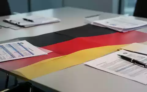 Nahaufnahme einer stilisierten deutschen Flagge auf einem Konferenztisch mit unscharfen Dokumenten und Stift, symbolisiert Verhandlungen. - Foto: über boerse-global.de