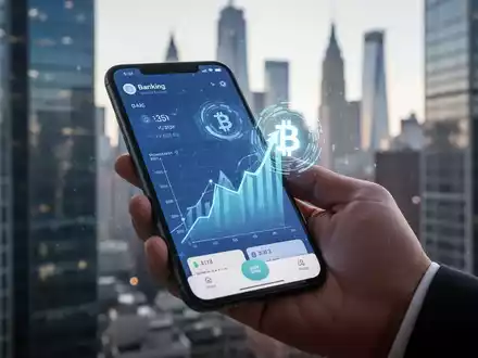 Eine Hand hält ein Smartphone mit Banking-App, steigenden Zinskurven und digitalem Währungssymbol. - Foto: über boerse-global.de