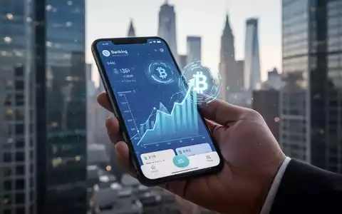 Eine Hand hält ein Smartphone mit Banking-App, steigenden Zinskurven und digitalem Währungssymbol. - Foto: über boerse-global.de