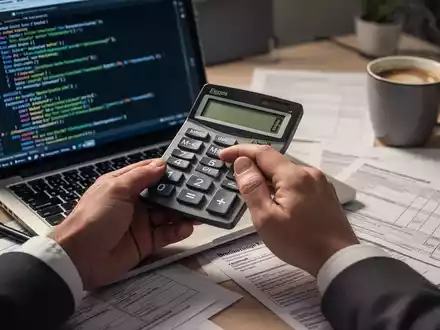 Eine Hand hält einen Taschenrechner über einem Laptop mit Webdesign-Code, umgeben von Steuerformularen und einer Kaffeetasse. - Foto: über boerse-global.de