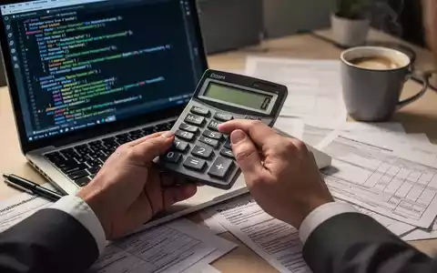Eine Hand hält einen Taschenrechner über einem Laptop mit Webdesign-Code, umgeben von Steuerformularen und einer Kaffeetasse. - Foto: über boerse-global.de