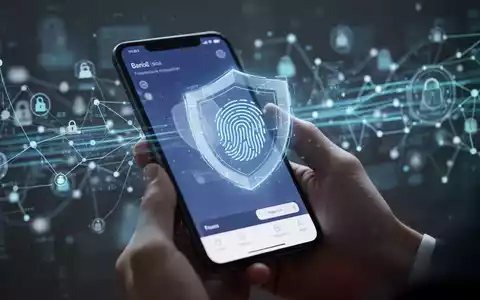 Nahaufnahme einer Hand, die ein Smartphone mit einer Banking-App und einem Symbol für Gesichtserkennung hält, das Cybersicherheit und Betrugsprävention symbolisiert. - Foto: über boerse-global.de
