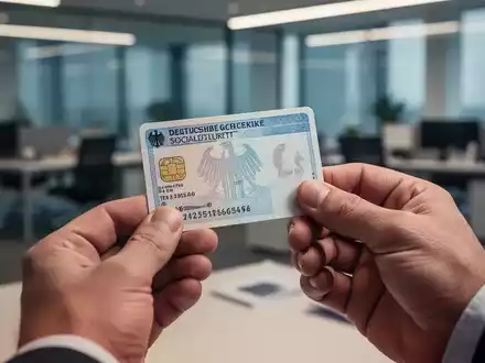 Nahaufnahme von Händen, die eine deutsche Sozialversicherungskarte halten, mit unscharfem Bürohintergrund. - Foto: über boerse-global.de