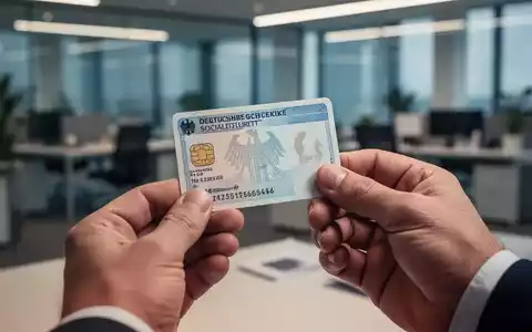 Nahaufnahme von Händen, die eine deutsche Sozialversicherungskarte halten, mit unscharfem Bürohintergrund. - Foto: über boerse-global.de