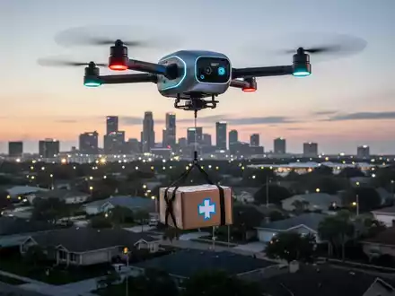 Autonome medizinische Drohne fliegt in der Dämmerung über Vorstadtlandschaft und senkt ein Paket an einem Seil zu einem Haus hinab. - Foto: über boerse-global.de