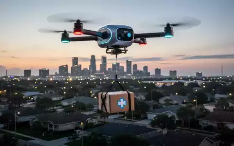 Autonome medizinische Drohne fliegt in der Dämmerung über Vorstadtlandschaft und senkt ein Paket an einem Seil zu einem Haus hinab. - Foto: über boerse-global.de