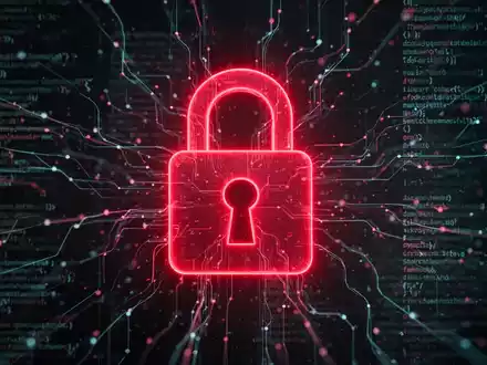 Ein stilisiertes, rot leuchtendes Vorhängeschloss-Symbol über einem dunklen, abstrakten digitalen Netzwerk mit fließendem Code. - Foto: über boerse-global.de