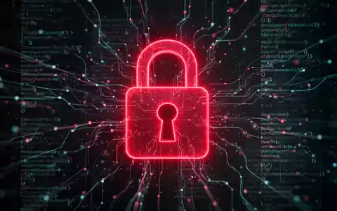 Ein stilisiertes, rot leuchtendes Vorhängeschloss-Symbol über einem dunklen, abstrakten digitalen Netzwerk mit fließendem Code. - Foto: über boerse-global.de