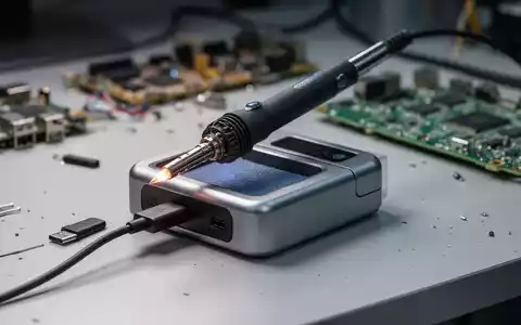 Nahaufnahme einer modernen, tragbaren Lötstation mit USB-C-Anschluss auf einer Werkbank, mit glühender Lötspitze und unscharfen Elektronikkomponenten im Hintergrund. - Foto: über boerse-global.de