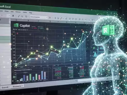 Stilisierte Microsoft Excel-Darstellung mit leuchtenden Datenpunkten und KI-Assistent, symbolisiert verbesserte Finanzanalyse. - Foto: über boerse-global.de