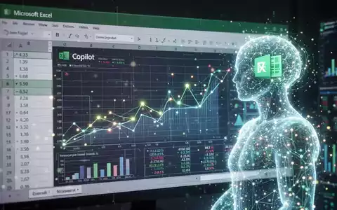 Stilisierte Microsoft Excel-Darstellung mit leuchtenden Datenpunkten und KI-Assistent, symbolisiert verbesserte Finanzanalyse. - Foto: über boerse-global.de