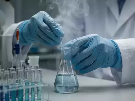 Nahaufnahme von behandschuhten Händen eines Wissenschaftlers, der im Labor Glaswaren handhabt, symbolisiert chemische Regulierung. - Foto: über boerse-global.de