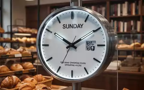 Nahaufnahme einer modernen Uhr, die Sonntag anzeigt, mit unscharfen Elementen, die eine Bäckerei oder Bibliothek andeuten. - Foto: über boerse-global.de