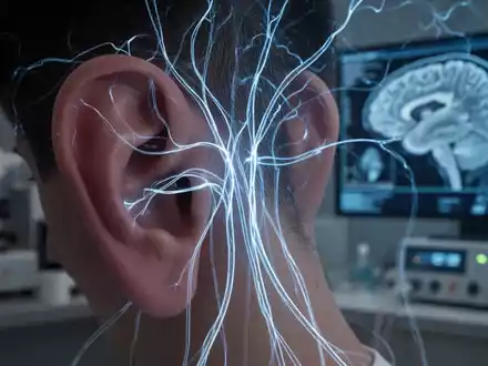 Nahaufnahme eines menschlichen Ohrs mit stilisierten blauen Linien, die Nervenbahnen und die Vagusnerv-Stimulation darstellen, vor unscharfem wissenschaftlichem Hintergrund. - Foto: über boerse-global.de