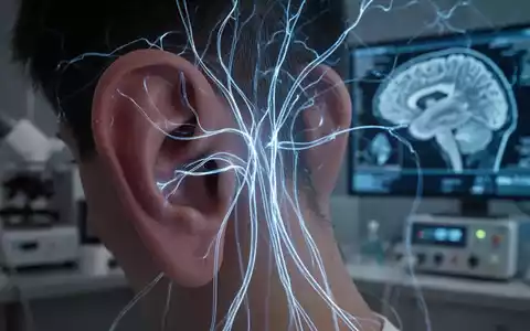 Nahaufnahme eines menschlichen Ohrs mit stilisierten blauen Linien, die Nervenbahnen und die Vagusnerv-Stimulation darstellen, vor unscharfem wissenschaftlichem Hintergrund. - Foto: über boerse-global.de