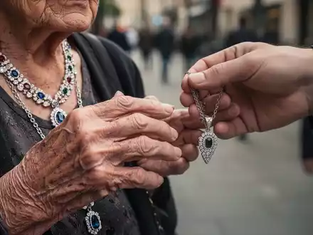 Nahaufnahme einer älteren Hand mit einer wertvollen Kette, die von einer anderen Hand mit einer billigen Imitation angesprochen wird. - Foto: über boerse-global.de