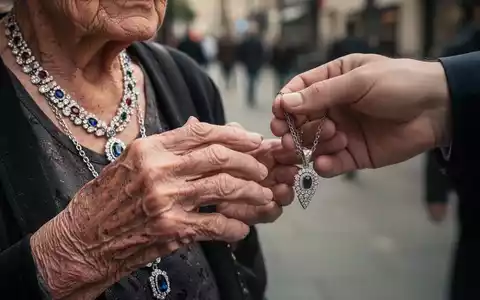 Nahaufnahme einer älteren Hand mit einer wertvollen Kette, die von einer anderen Hand mit einer billigen Imitation angesprochen wird. - Foto: über boerse-global.de