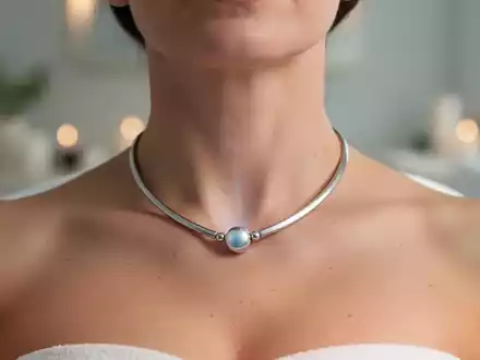 Eine Person trägt eine elegante Akupressur-Halskette, die auf den Vagusnerv abzielt, in einer beruhigenden Wellness-Umgebung. - Foto: über boerse-global.de