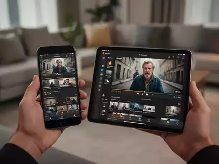 Eine Person hält ein iPhone und iPad, beide mit VLC Media Player, in einem modernen Wohnzimmer. - Foto: über boerse-global.de