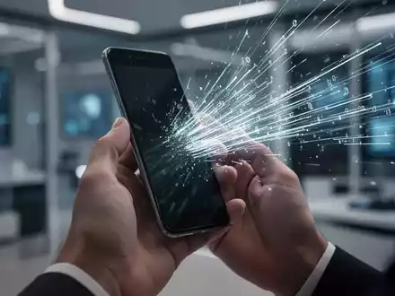 Nahaufnahme von Händen, die ein iPhone halten, mit abstrakten digitalen Elementen, die vom Bildschirm strömen, als Symbol für Datenmanagement. - Foto: über boerse-global.de