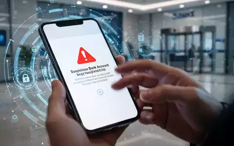 Ein Smartphone zeigt eine Warnmeldung zu einem verdächtigen Bankkonto. Verschwommene Hände interagieren mit dem Bildschirm. - Foto: über boerse-global.de
